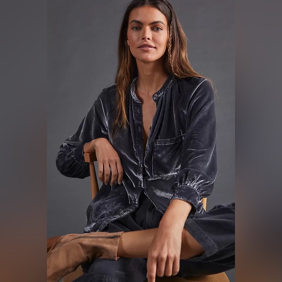 Anthropologie Pilcro Charcoal Crushed Sleeve Velvet Button Down Shirt - Picture 3 of 10